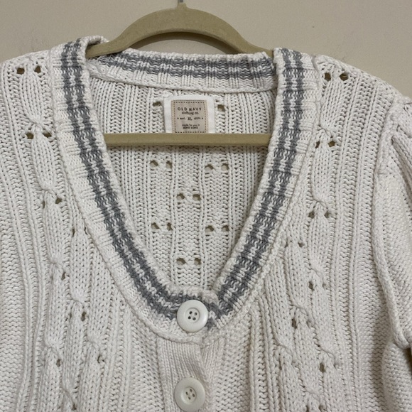 Vintage Old Navy White Cable Knit Cardigan women XL grandpa Y2K cozy Thick goth - Picture 2 of 8